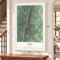 Troy, New York map, 24 x 36 inch print in a white frame by a staircase