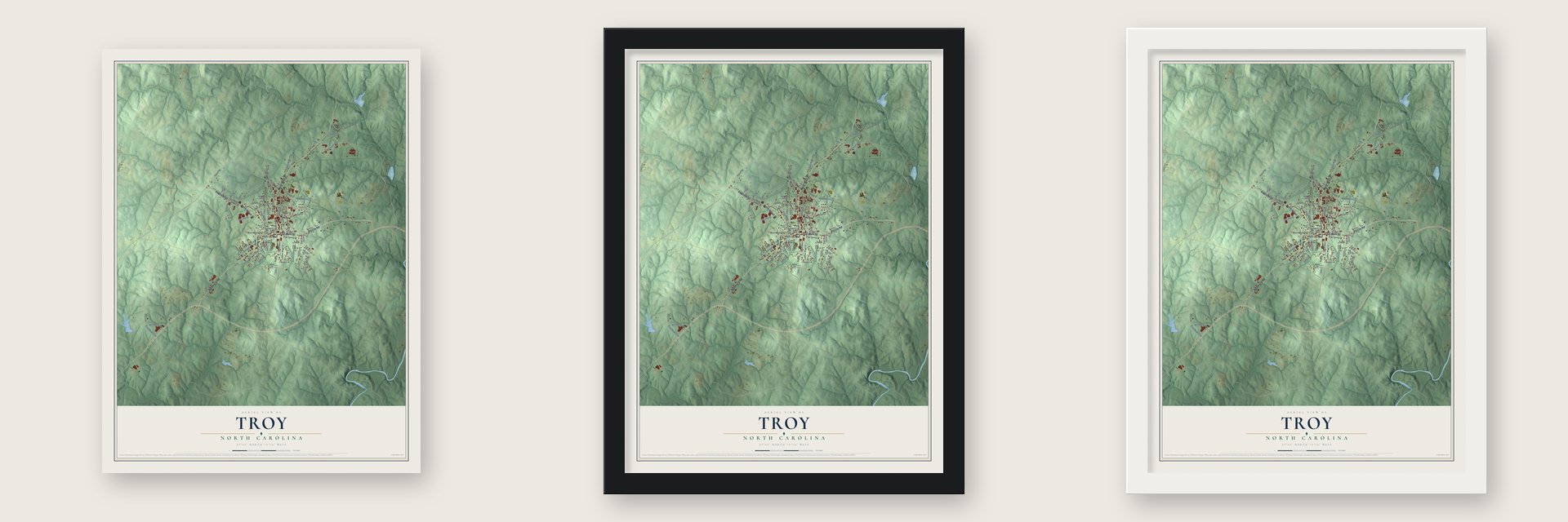Troy, North Carolina map unframed, in a black wood frame and in a white wood frame