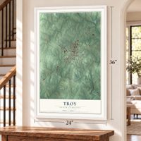 Troy, North Carolina map, 24 x 36 inch print in a white frame by a staircase
