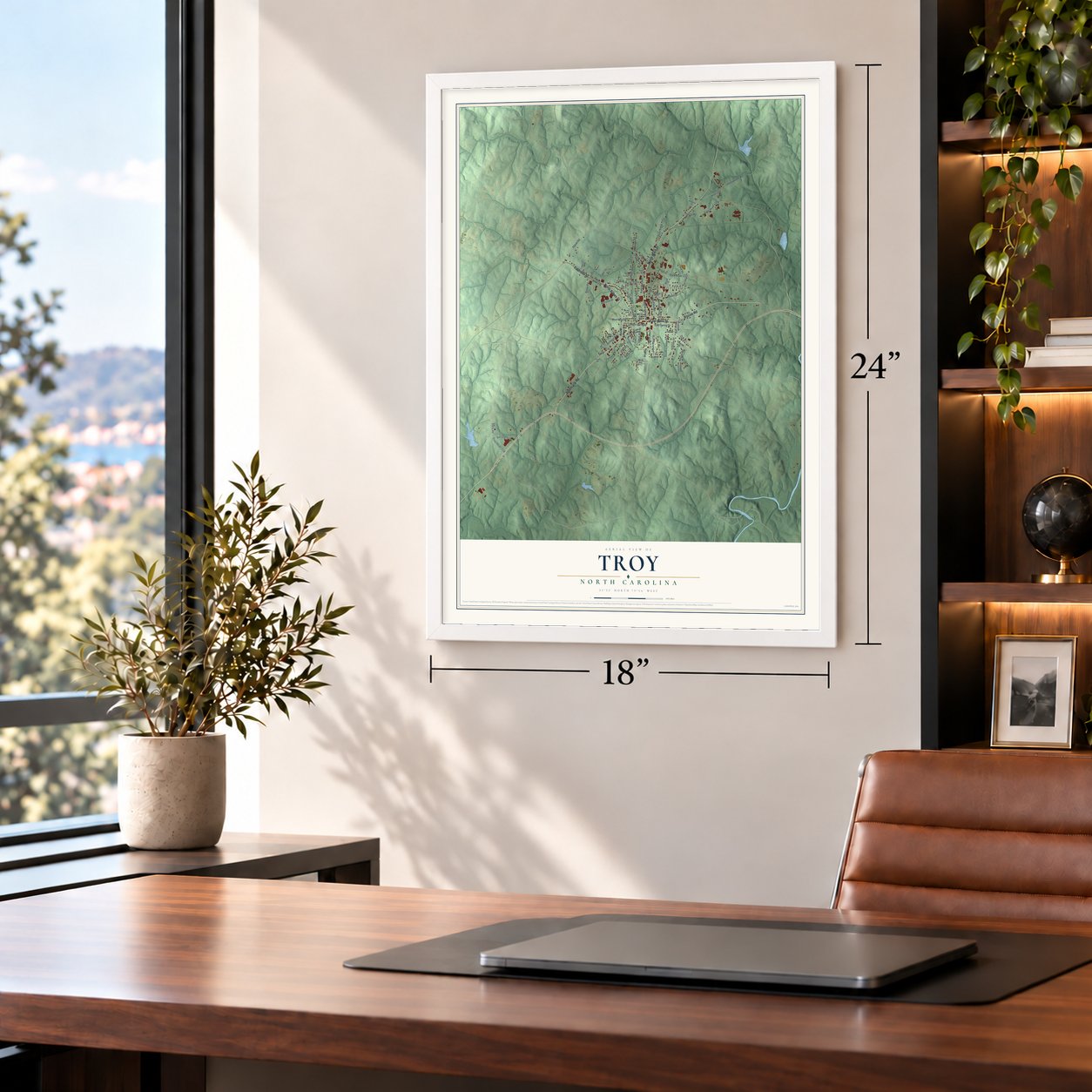 Troy, North Carolina map, 18 x 24 inch print in a white frame in a home office