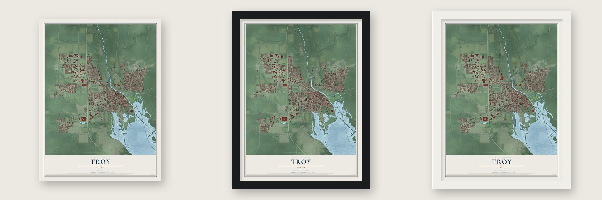 Troy, Ohio map unframed, in a black wood frame and in a white wood frame