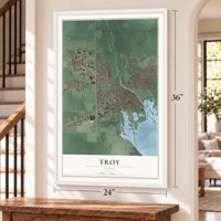 Troy, Ohio map, 24 x 36 inch print in a white frame by a staircase