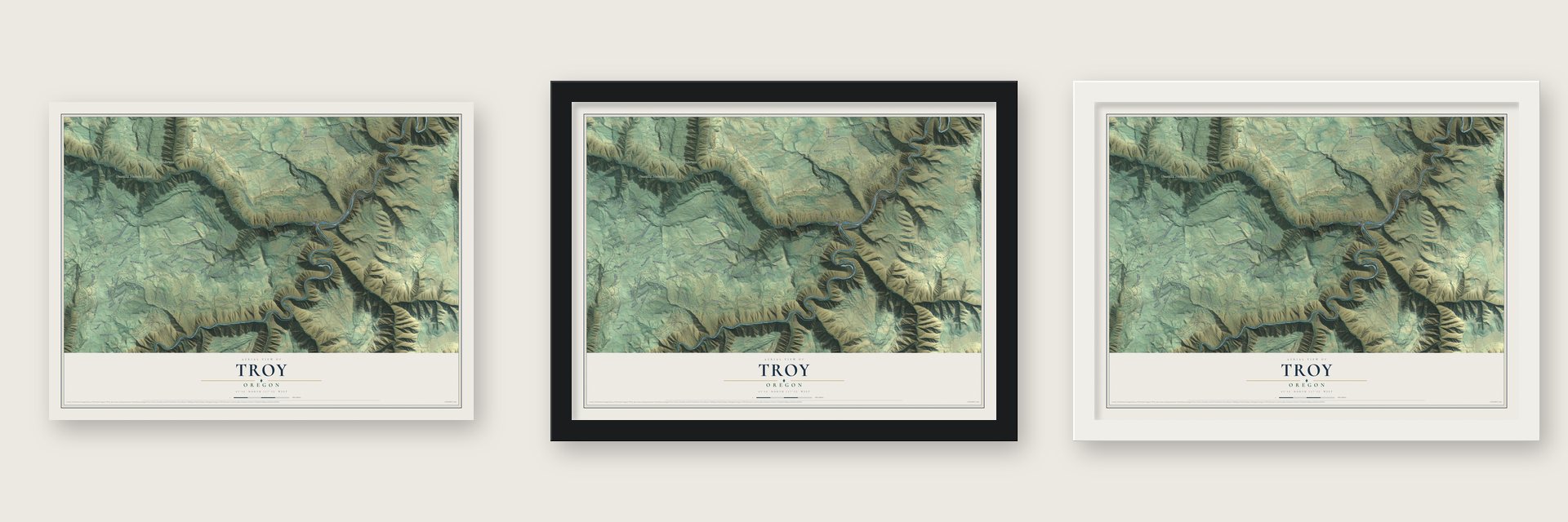 Troy, Oregon map unframed, in a black wood frame and in a white wood frame