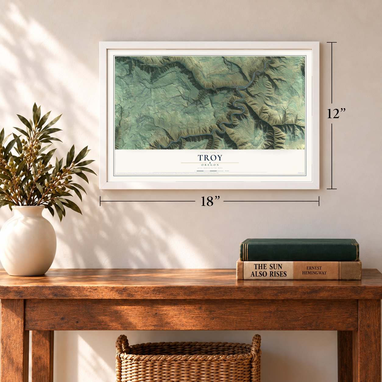 Troy, Oregon map, 12 x 18 inch print in a white frame in an entryway