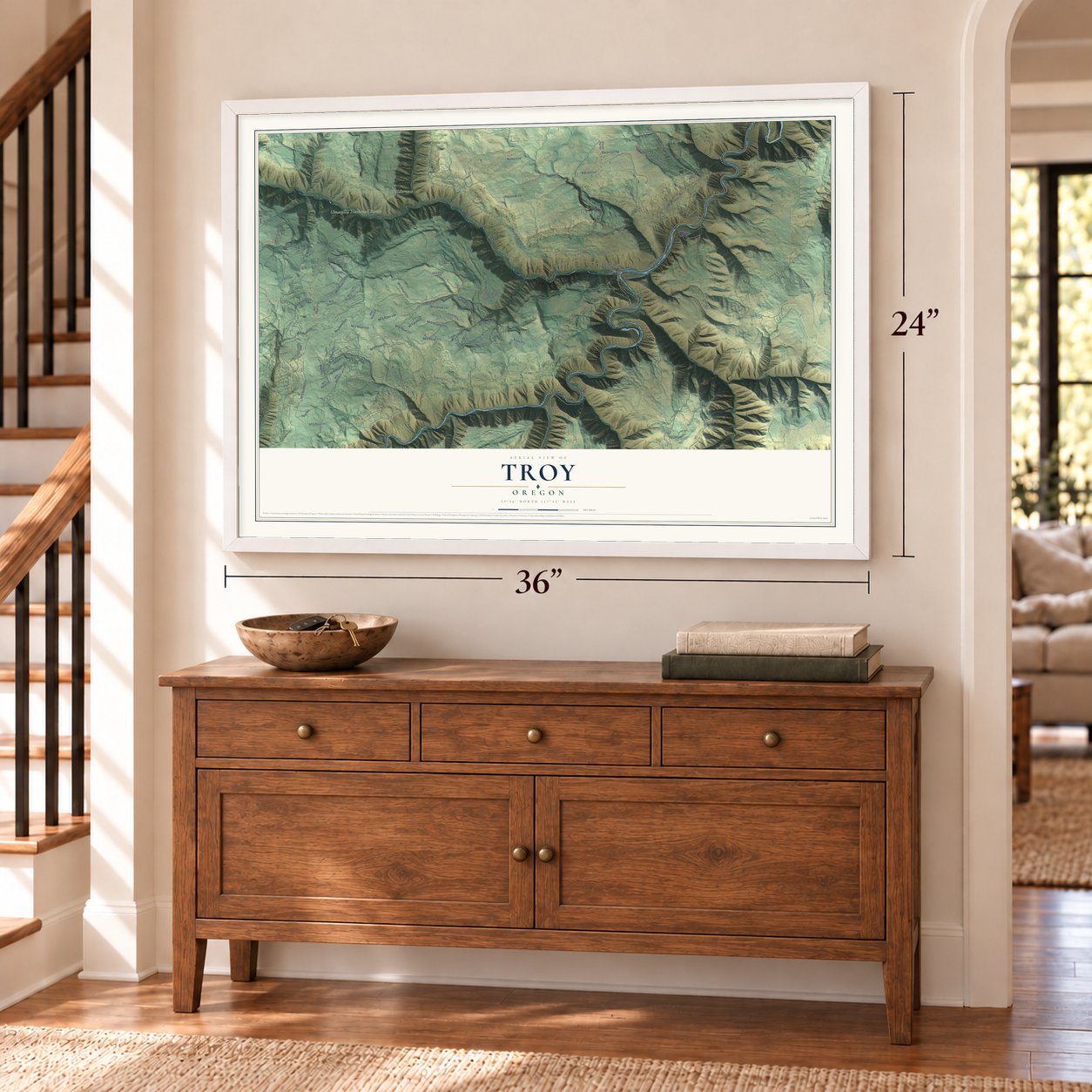 Troy, Oregon map, 24 x 36 inch print in a white frame above a dresser by a staircase