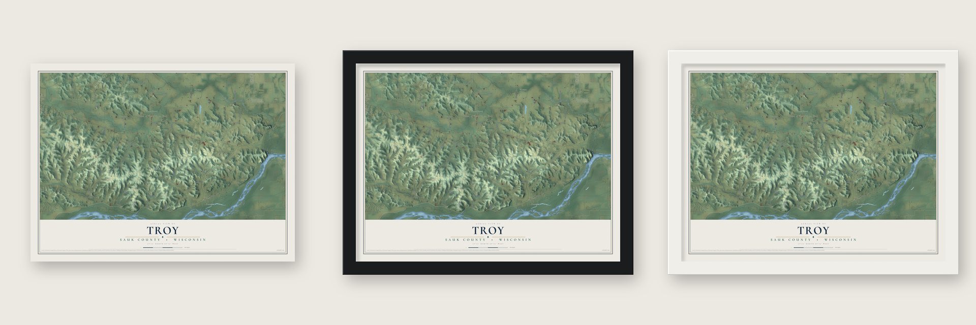 Troy, Sauk County, Wisconsin map unframed, in a black wood frame and in a white wood frame