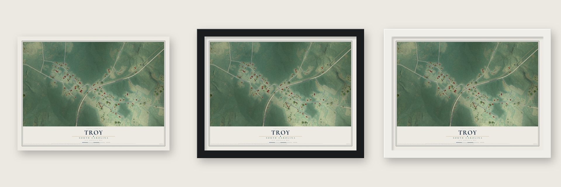 Troy, South Carolina map unframed, in a black wood frame and in a white wood frame