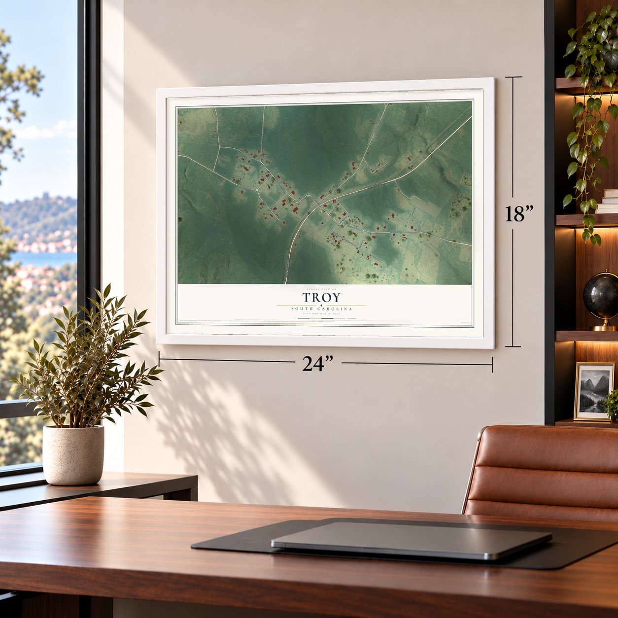 Troy, South Carolina map, 18 x 24 inch print in a white frame in a home office