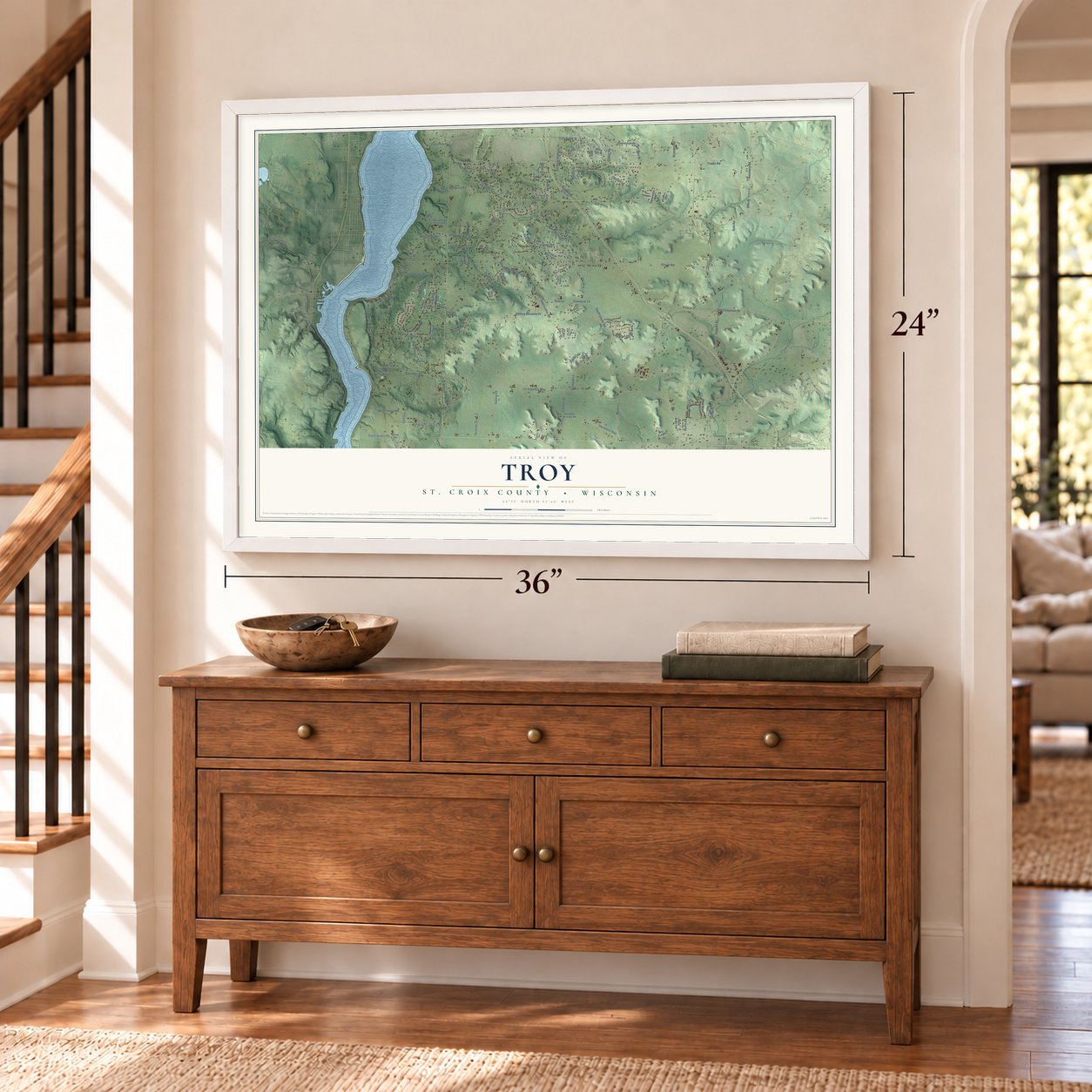 Troy, St. Croix County, Wisconsin map, 24 x 36 inch print in a white frame above a dresser by a staircase