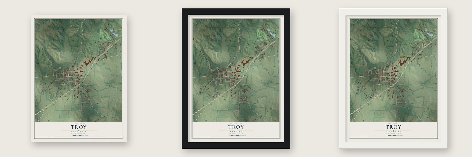 Troy, Tennessee map unframed, in a black wood frame and in a white wood frame