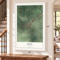 Troy, Tennessee map, 24 x 36 inch print in a white frame by a staircase