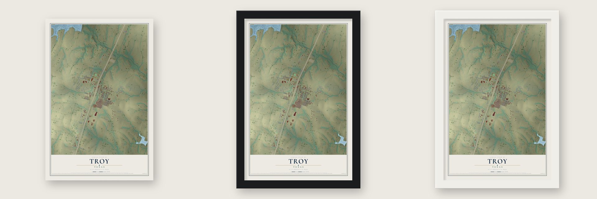 Troy, Texas map unframed, in a black wood frame and in a white wood frame