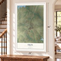 Troy, Texas map, 24 x 36 inch print in a white frame by a staircase