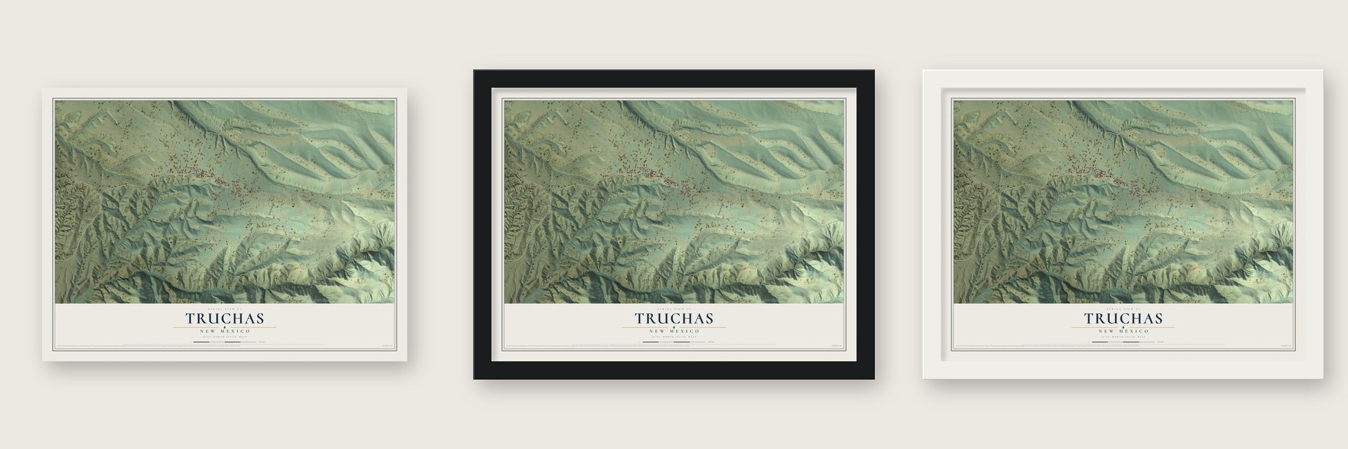 Truchas, New Mexico map unframed, in a black wood frame and in a white wood frame