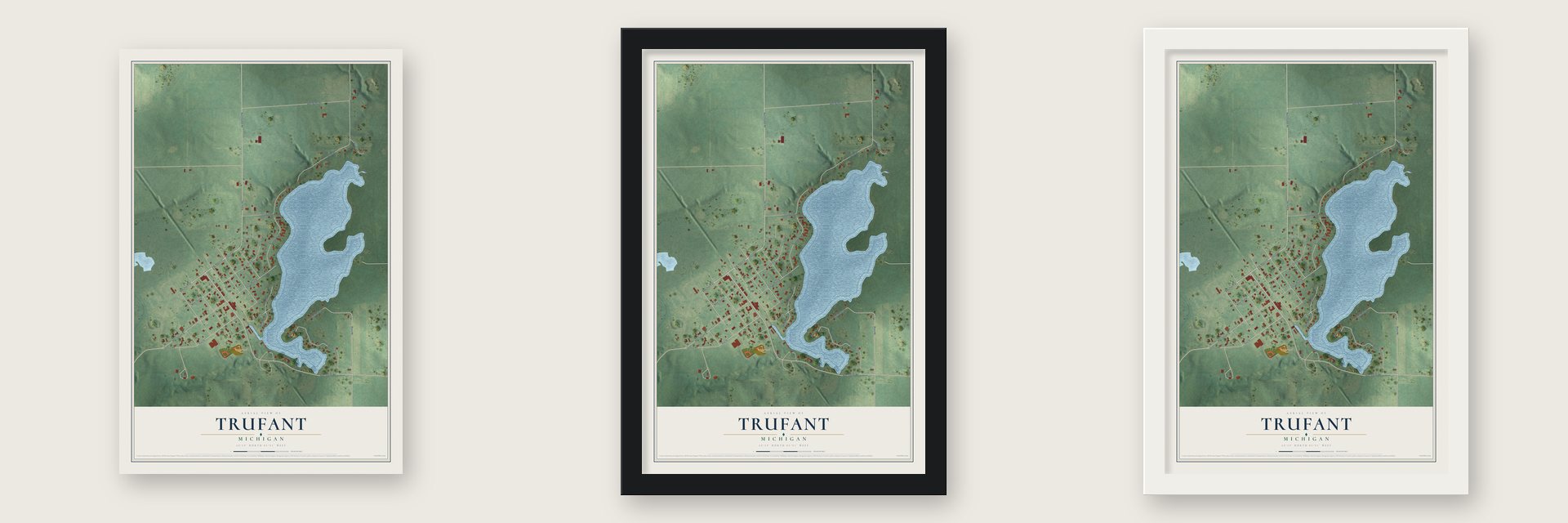 Trufant, Michigan map unframed, in a black wood frame and in a white wood frame