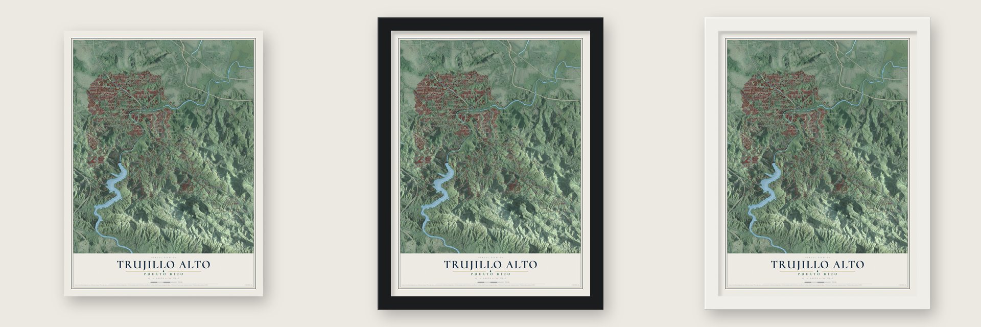 Trujillo Alto, Puerto Rico map unframed, in a black wood frame and in a white wood frame
