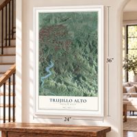 Trujillo Alto, Puerto Rico map, 24 x 36 inch print in a white frame by a staircase