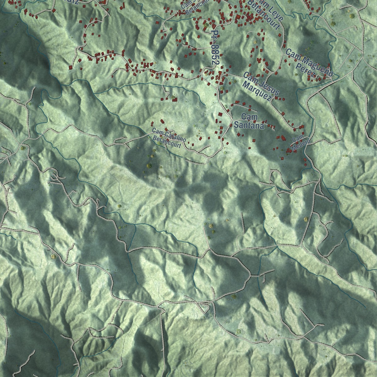 Second close-up of the map of Trujillo Alto, Puerto Rico print showing more streets and buildings