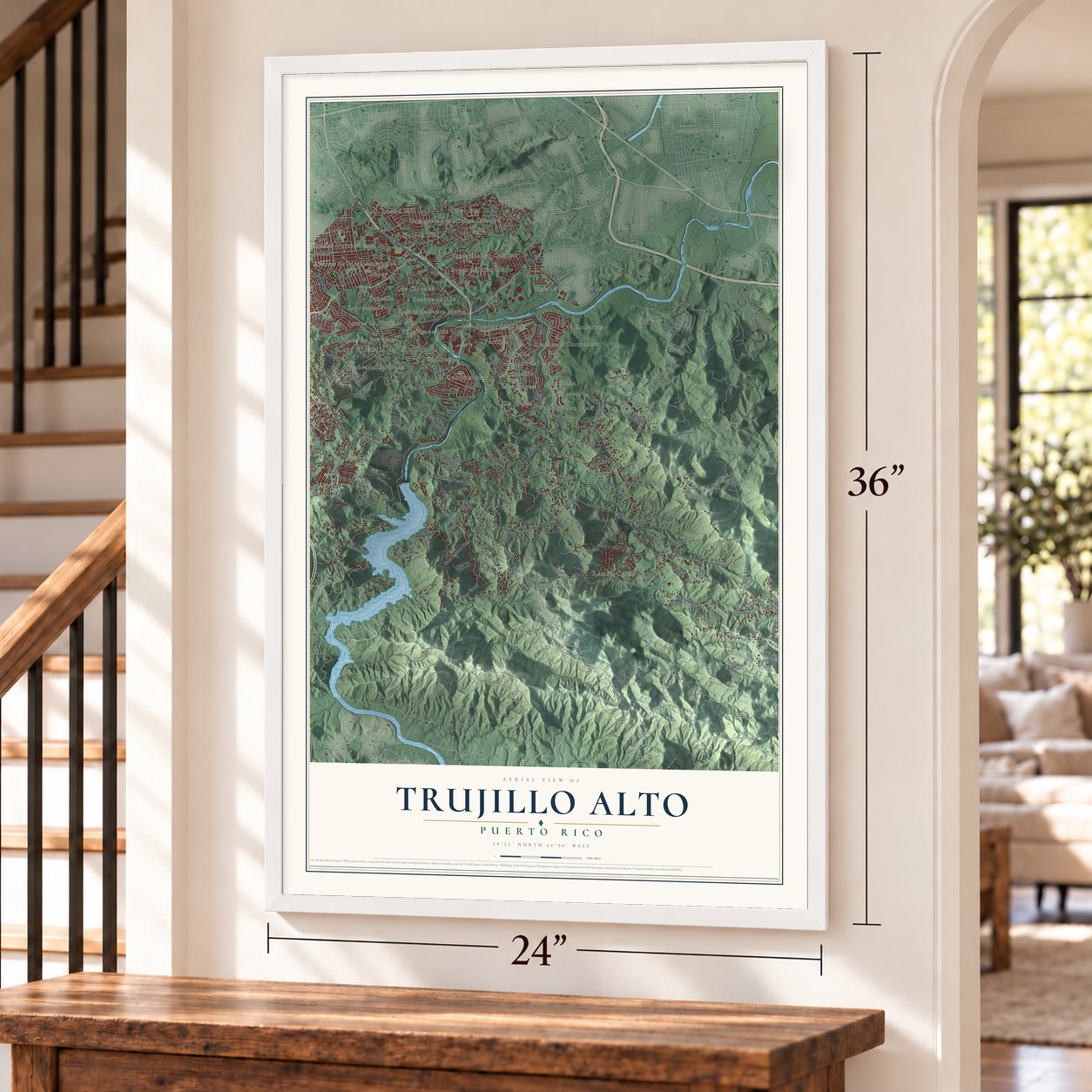 Trujillo Alto, Puerto Rico map, 24 x 36 inch print in a white frame by a staircase