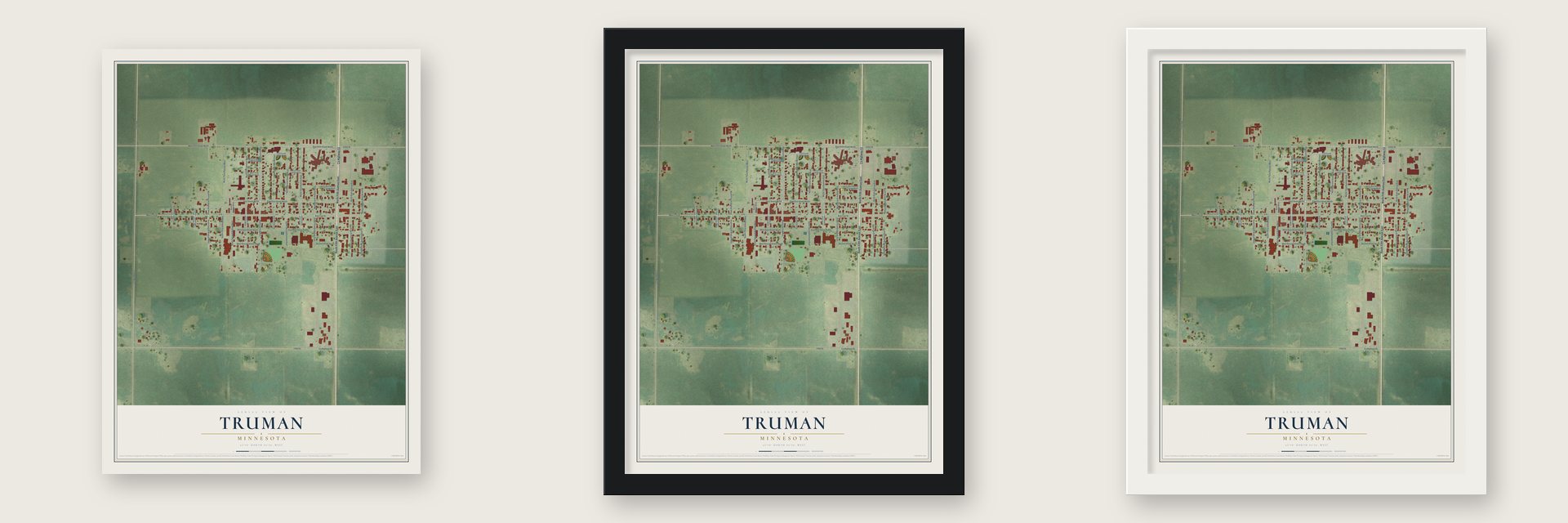 Truman, Minnesota map unframed, in a black wood frame and in a white wood frame