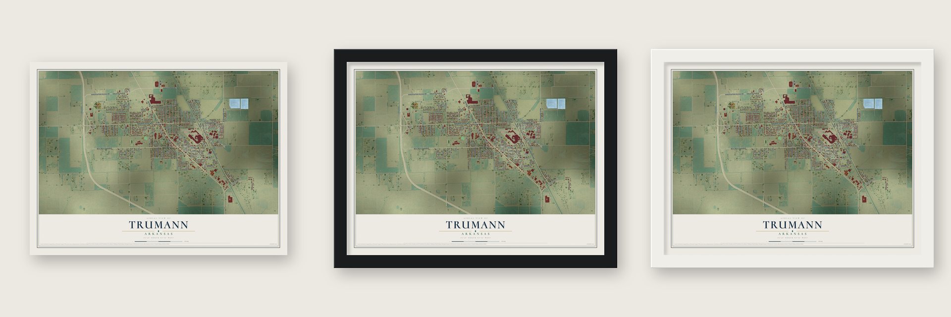 Trumann, Arkansas map unframed, in a black wood frame and in a white wood frame