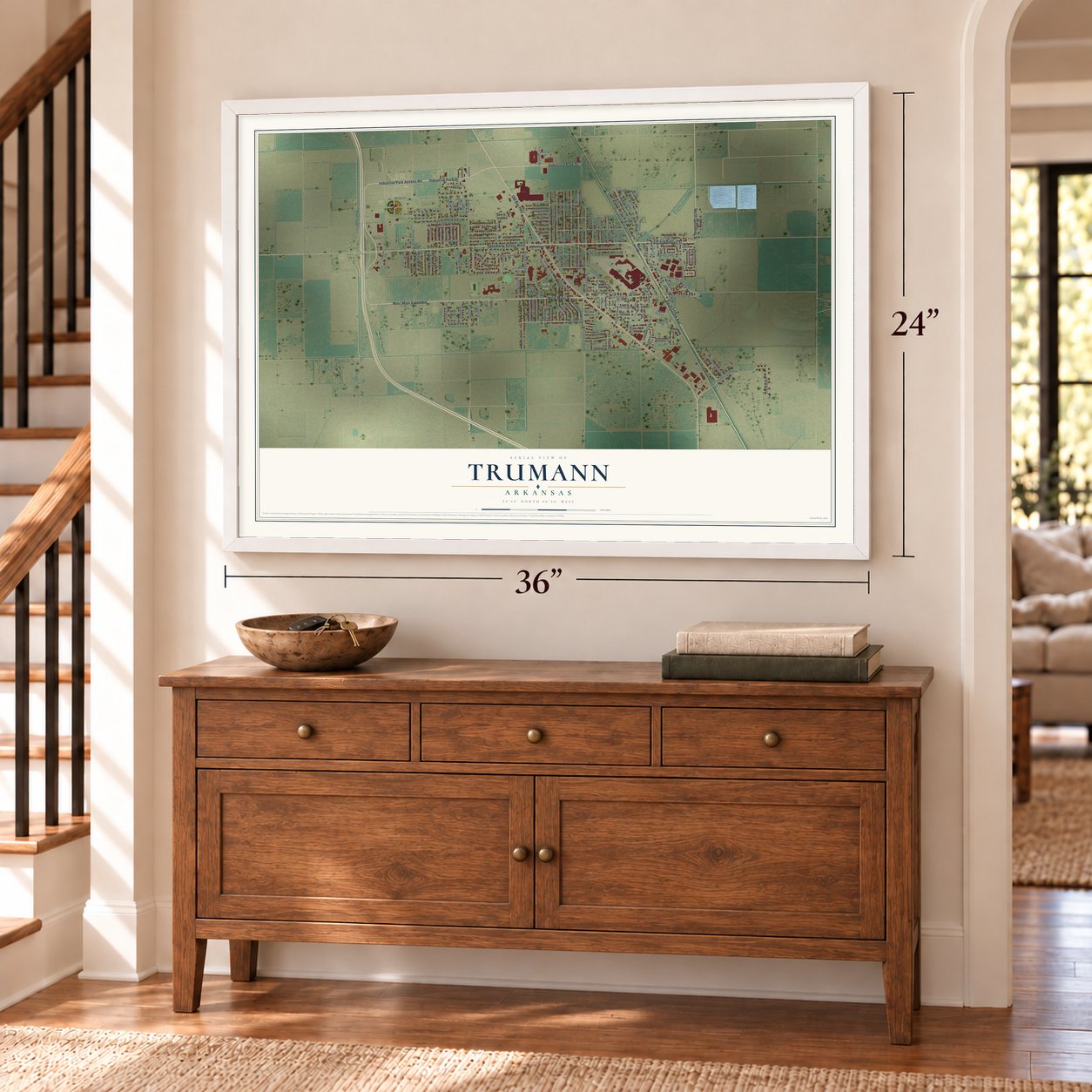 Trumann, Arkansas map, 24 x 36 inch print in a white frame above a dresser by a staircase