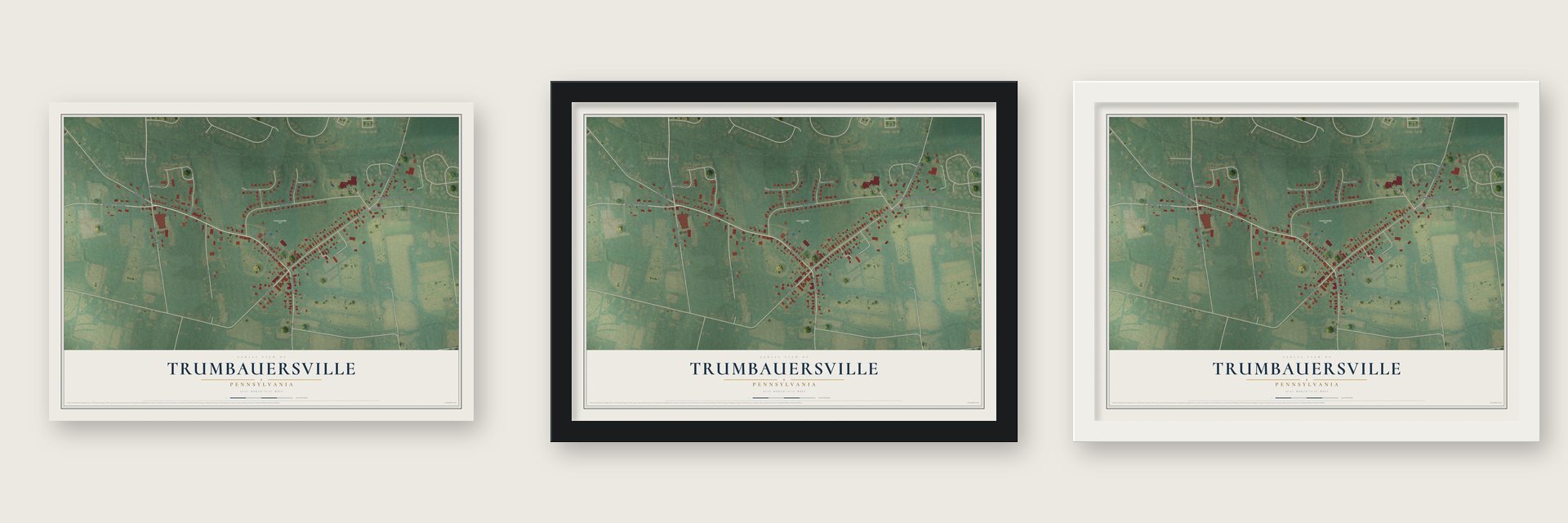 Trumbauersville, Pennsylvania map unframed, in a black wood frame and in a white wood frame