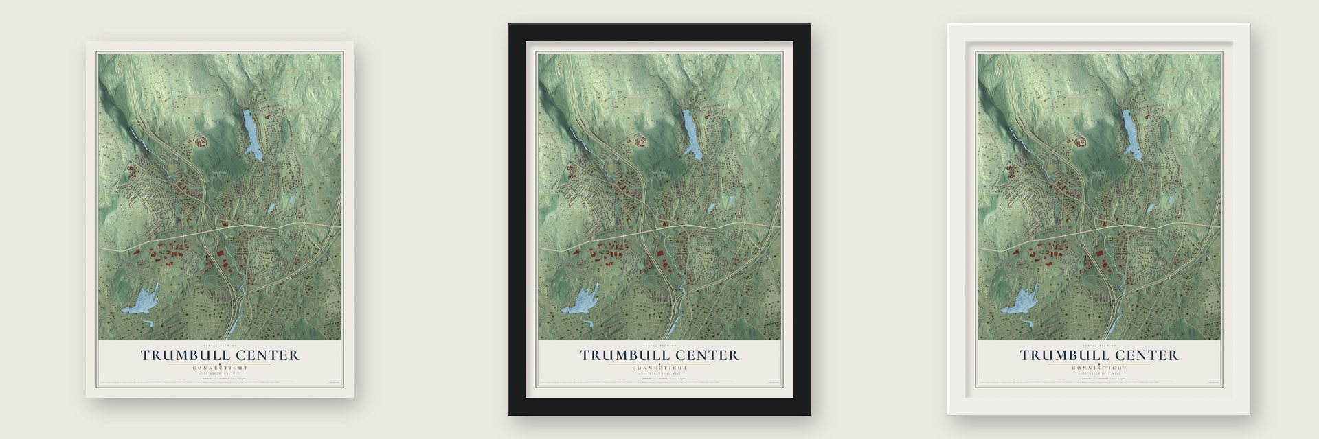 Trumbull Center, Connecticut map unframed, in a black wood frame and in a white wood frame