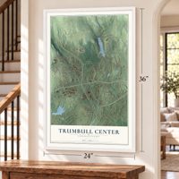 Trumbull Center, Connecticut map, 24 x 36 inch print in a white frame by a staircase