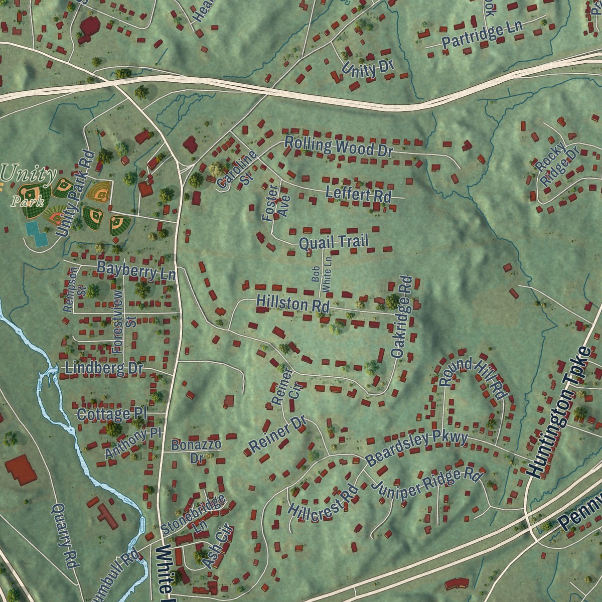 Second close-up of the map of Trumbull Center, Connecticut print showing more streets and buildings