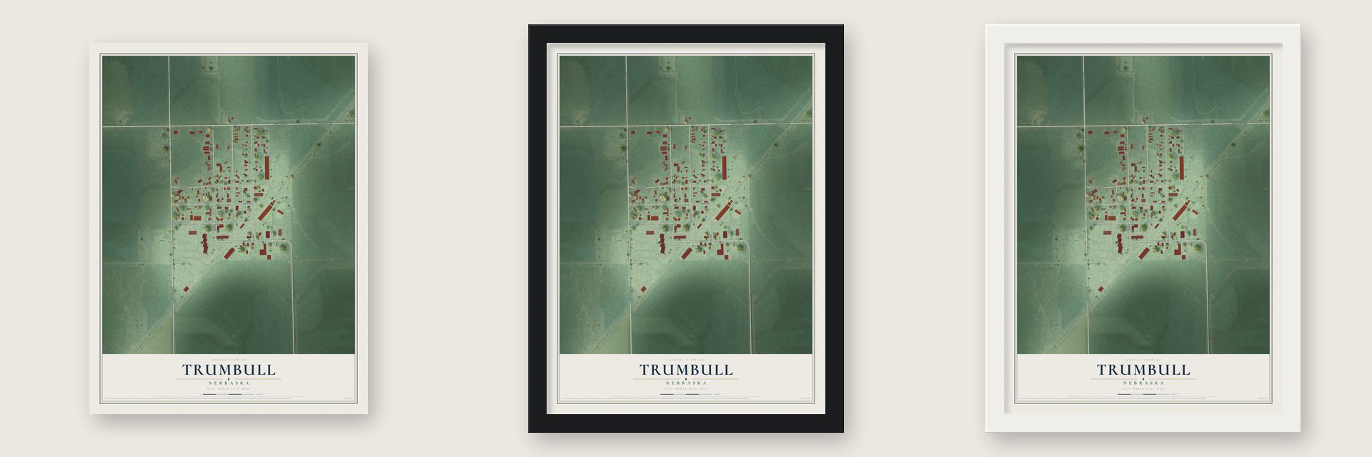Trumbull, Nebraska map unframed, in a black wood frame and in a white wood frame