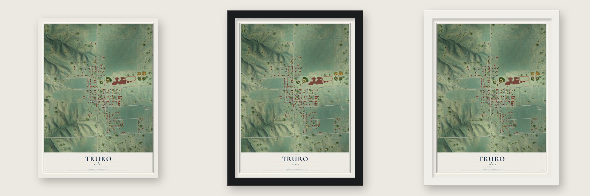 Truro, Iowa map unframed, in a black wood frame and in a white wood frame
