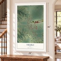 Truro, Iowa map, 24 x 36 inch print in a white frame by a staircase
