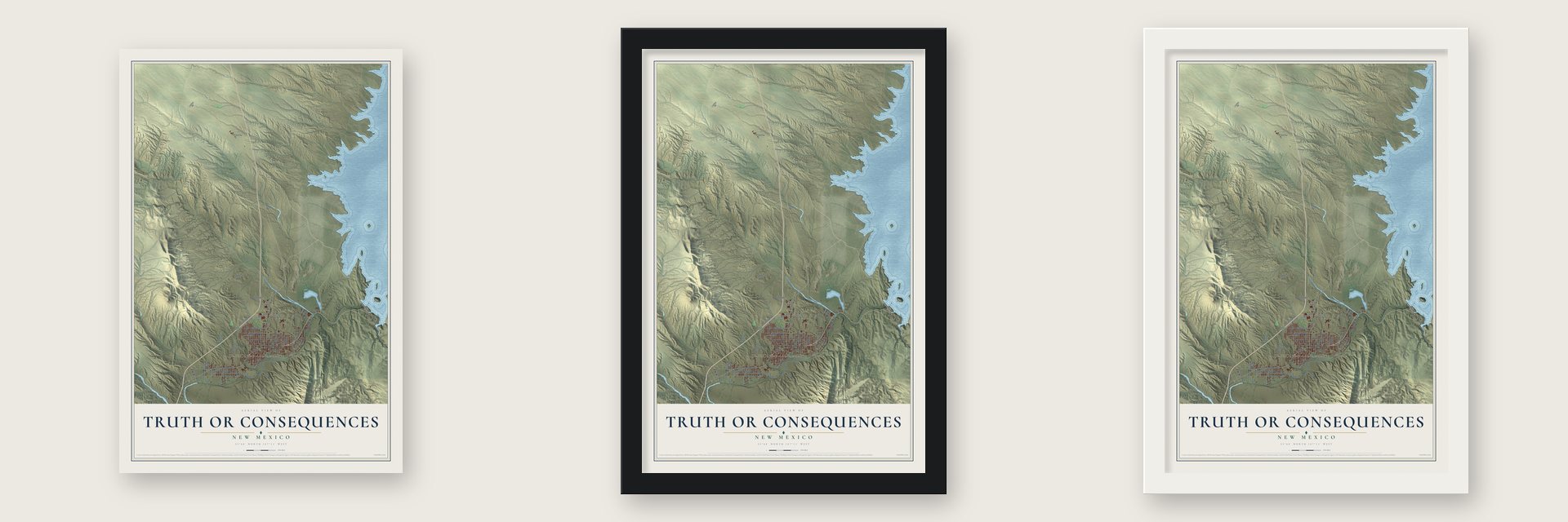 Truth or Consequences, New Mexico map unframed, in a black wood frame and in a white wood frame