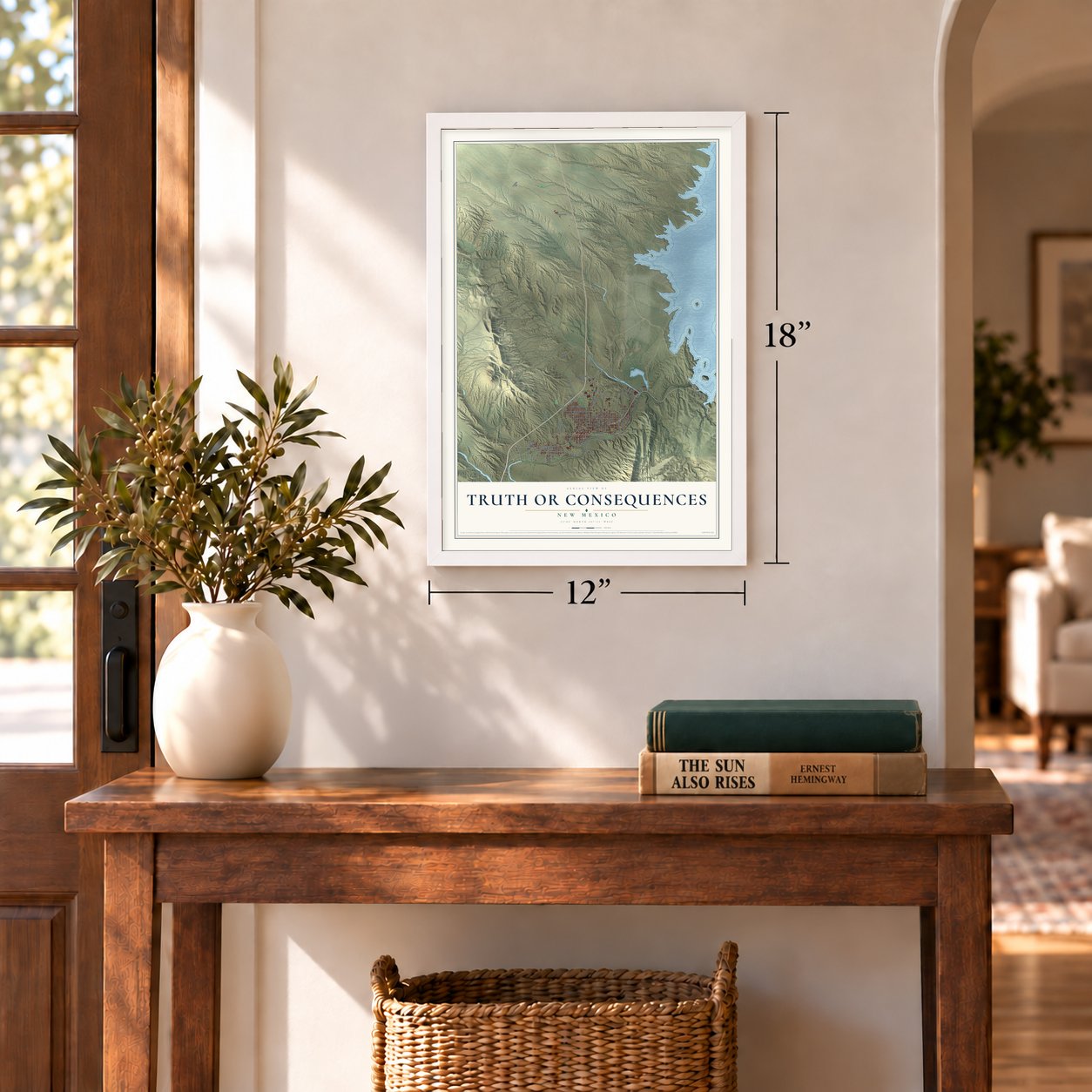 Truth or Consequences, New Mexico map, 12 x 18 inch print in a white frame in an entryway