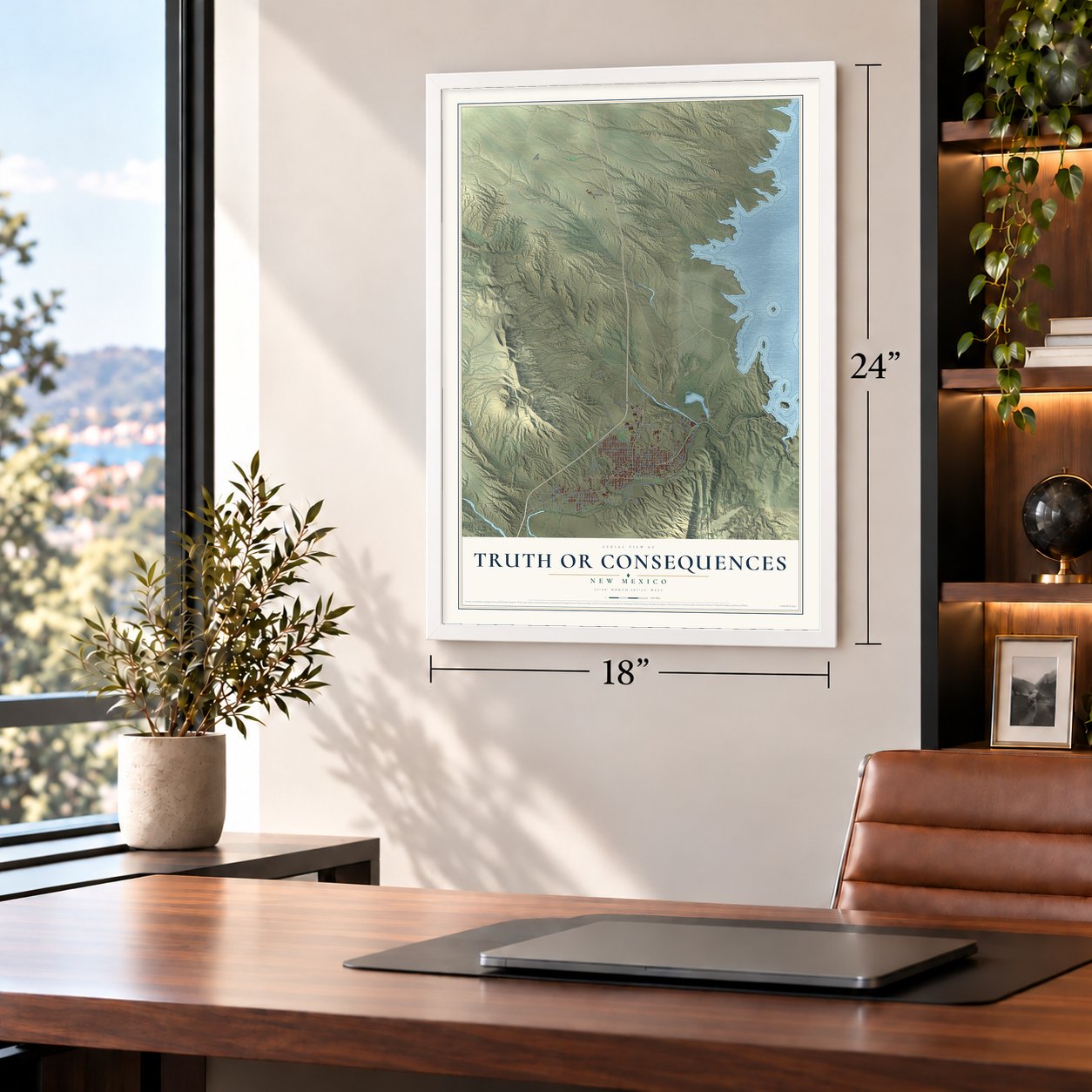 Truth or Consequences, New Mexico map, 18 x 24 inch print in a white frame in a home office