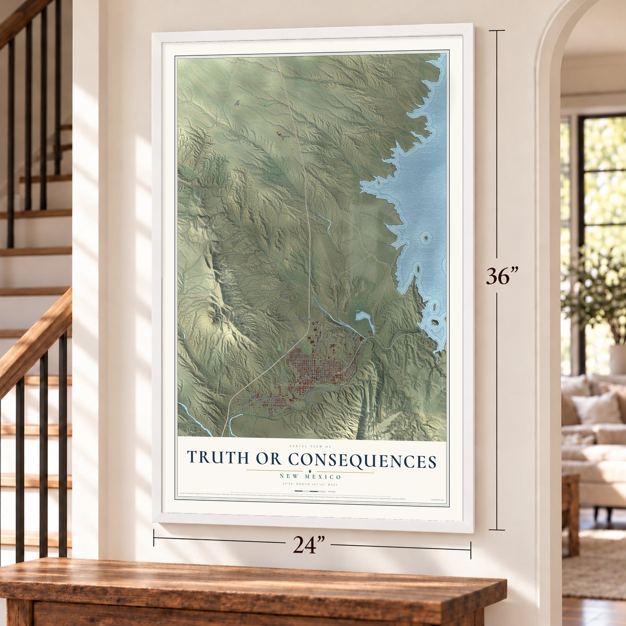 Truth or Consequences, New Mexico map, 24 x 36 inch print in a white frame by a staircase