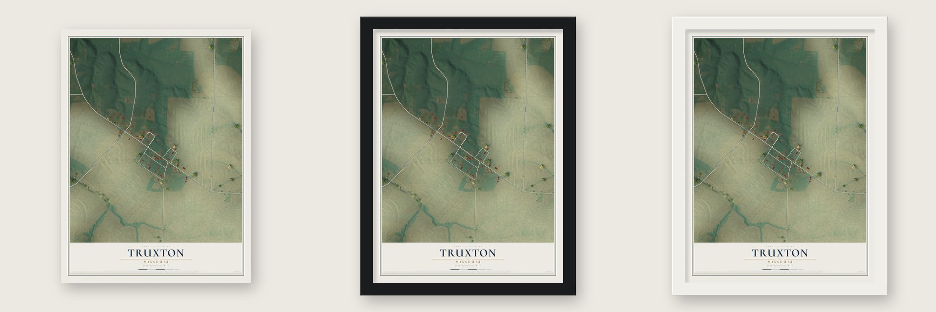 Truxton, Missouri map unframed, in a black wood frame and in a white wood frame