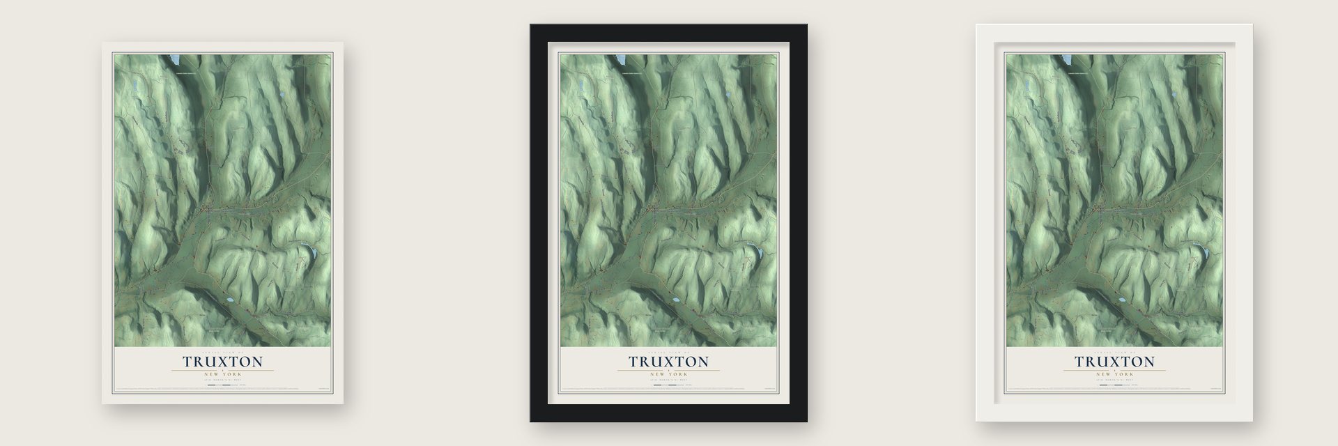 Truxton, New York map unframed, in a black wood frame and in a white wood frame