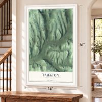 Truxton, New York map, 24 x 36 inch print in a white frame by a staircase