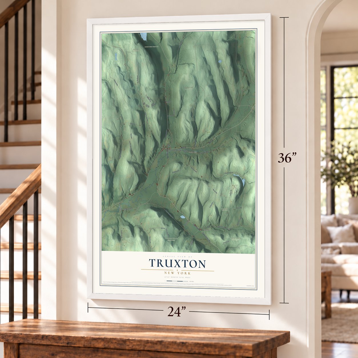Truxton, New York map, 24 x 36 inch print in a white frame by a staircase