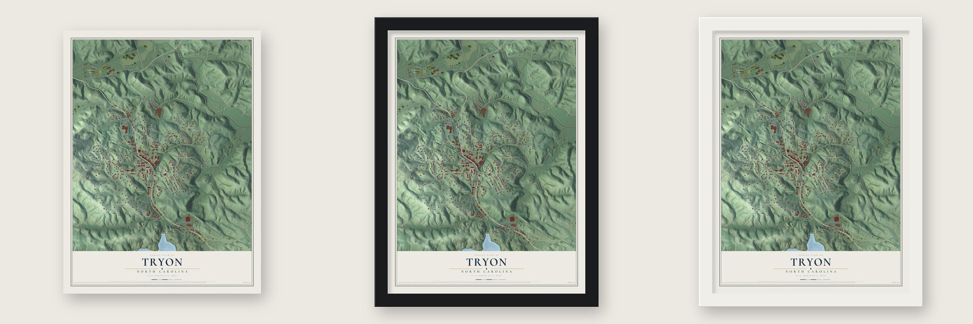 Tryon, North Carolina map unframed, in a black wood frame and in a white wood frame