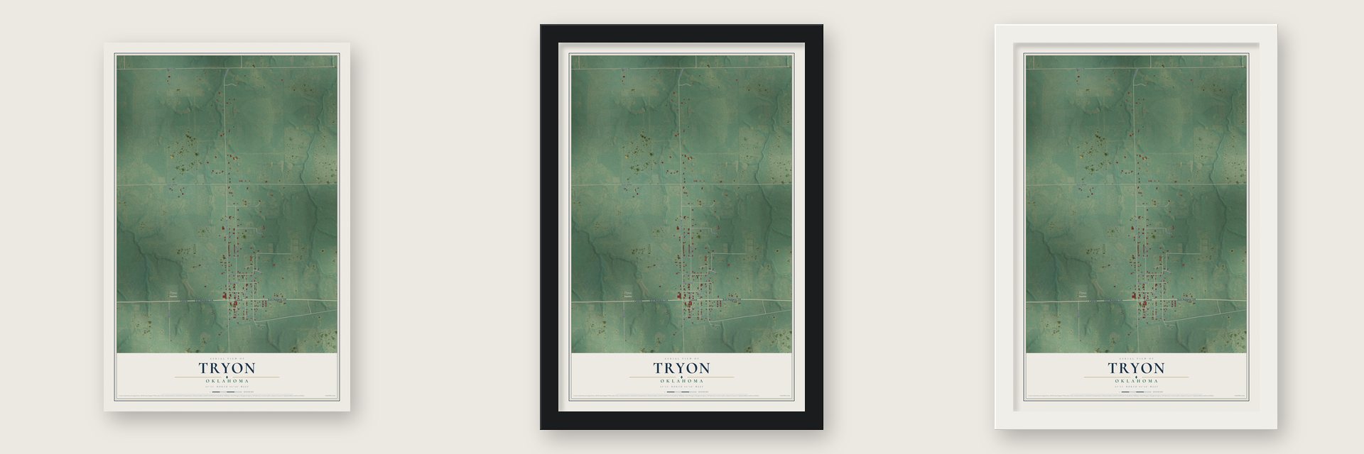 Tryon, Oklahoma map unframed, in a black wood frame and in a white wood frame