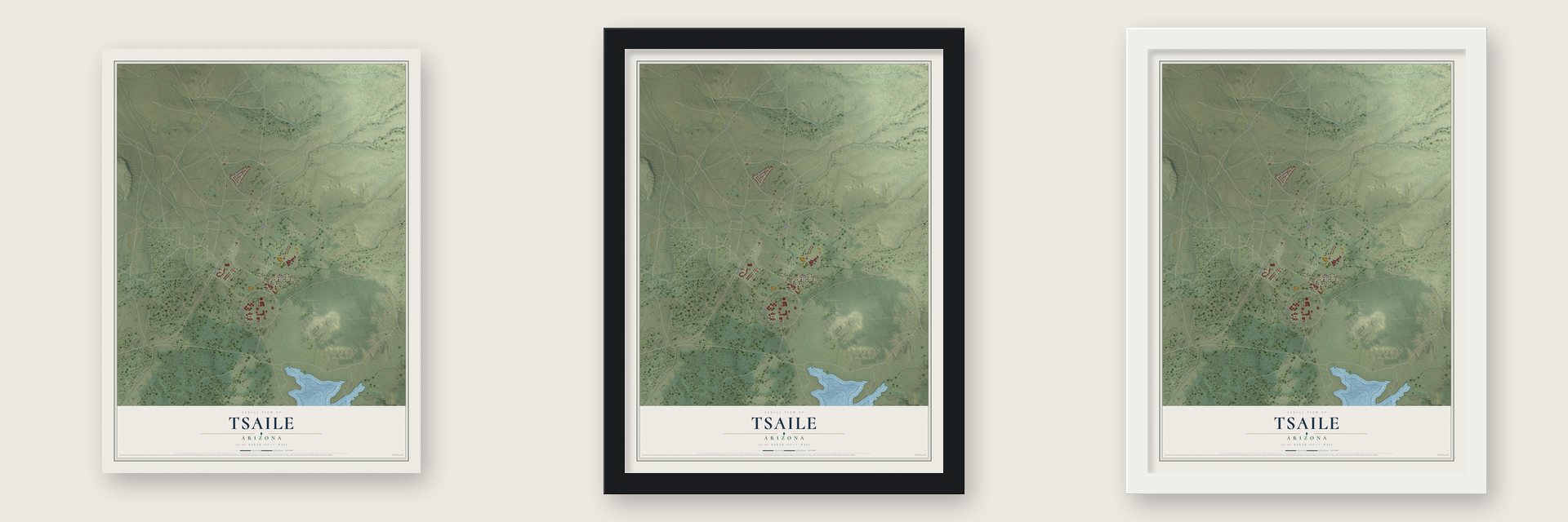 Tsaile, Arizona map unframed, in a black wood frame and in a white wood frame
