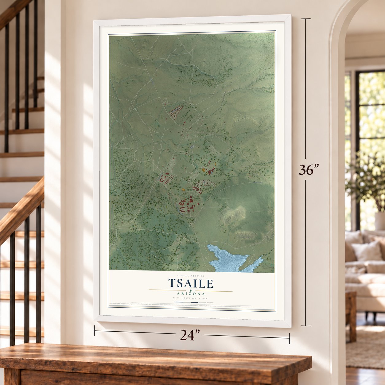 Tsaile, Arizona map, 24 x 36 inch print in a white frame by a staircase