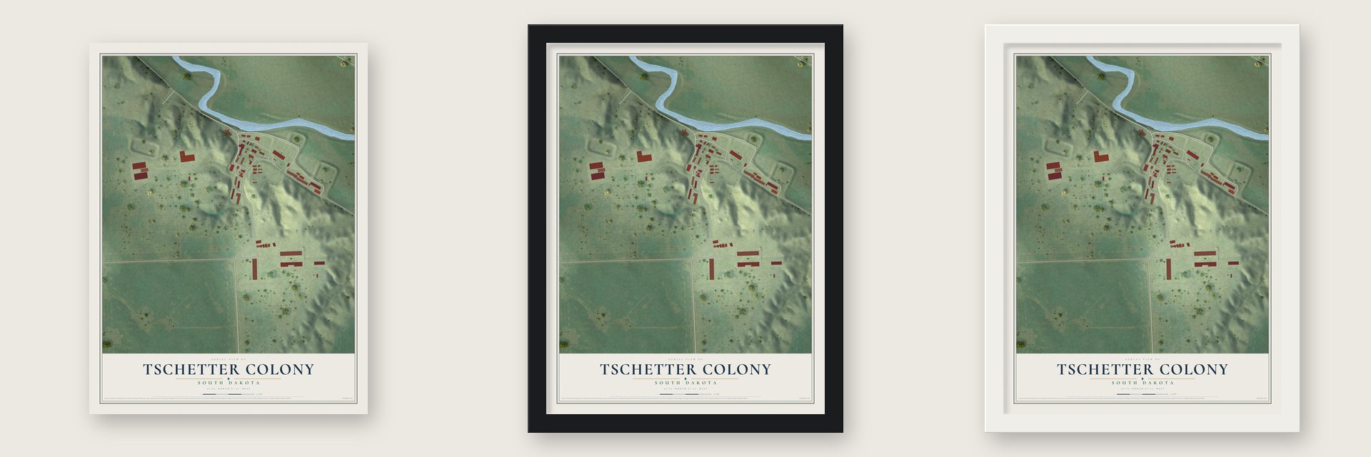 Tschetter Colony, South Dakota map unframed, in a black wood frame and in a white wood frame