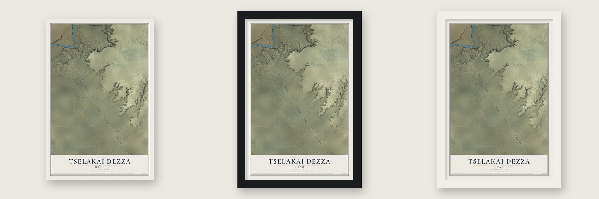 Tselakai Dezza, Utah map unframed, in a black wood frame and in a white wood frame
