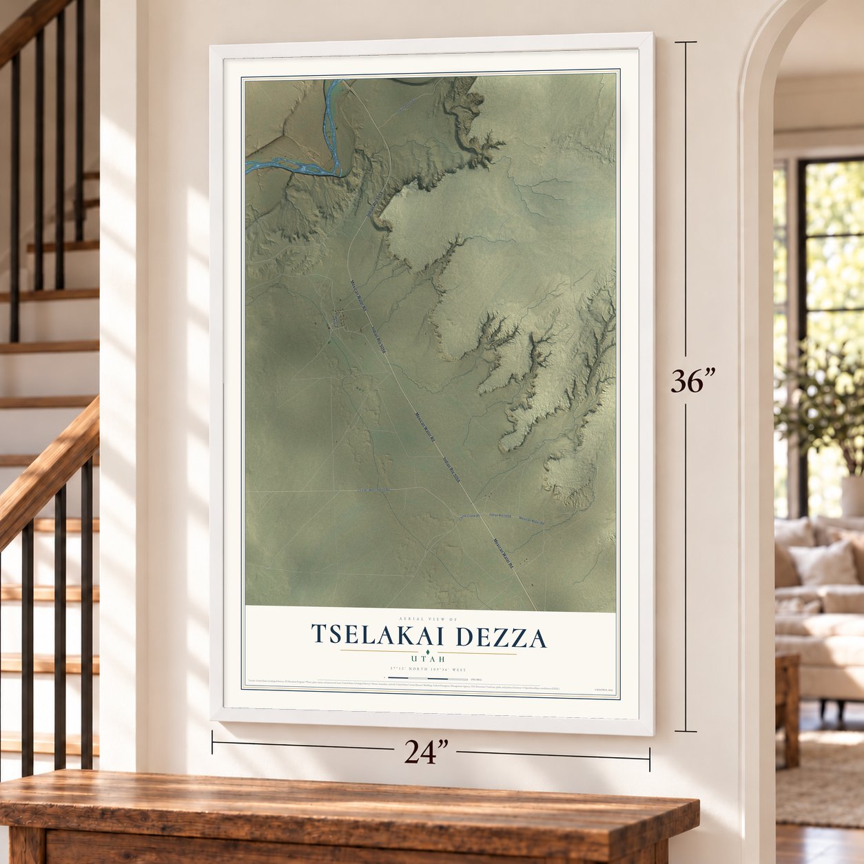 Tselakai Dezza, Utah map, 24 x 36 inch print in a white frame by a staircase