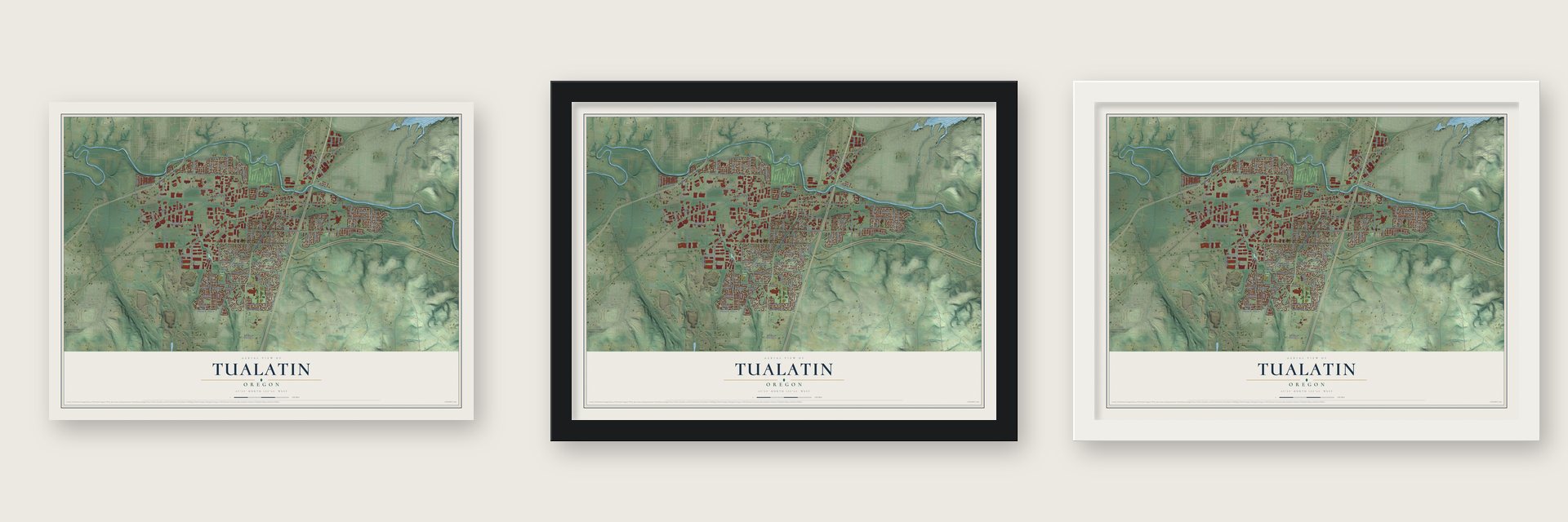 Tualatin, Oregon map unframed, in a black wood frame and in a white wood frame
