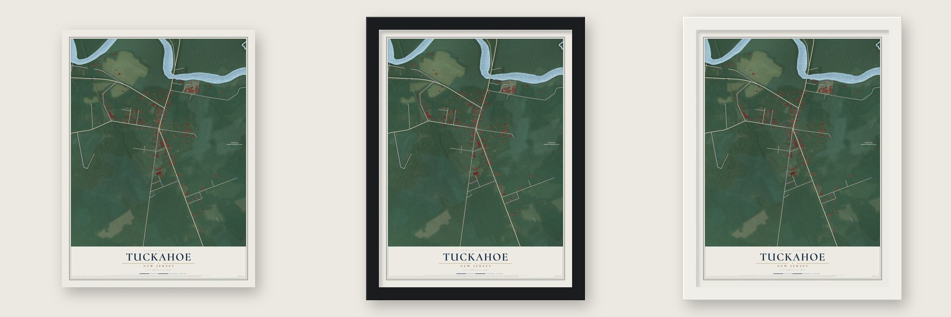 Tuckahoe, New Jersey map unframed, in a black wood frame and in a white wood frame